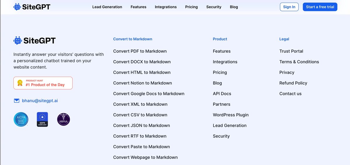 SiteGPT free tools listed on the SiteGPT website