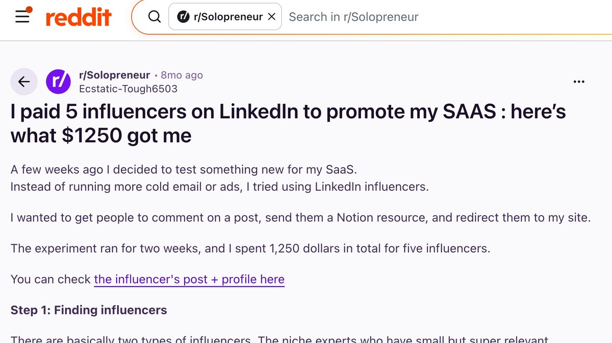 Reddit post showing the LinkedIn influencer promotion experiment