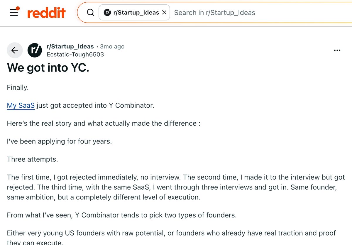 Reddit post about getting into YC after repeated attempts