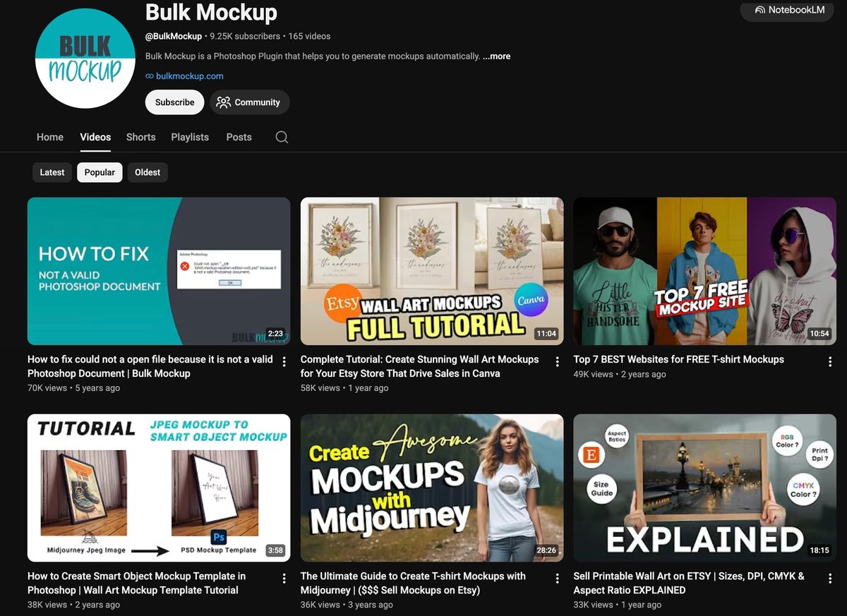 Bulk Mockup YouTube channel with support tutorial videos